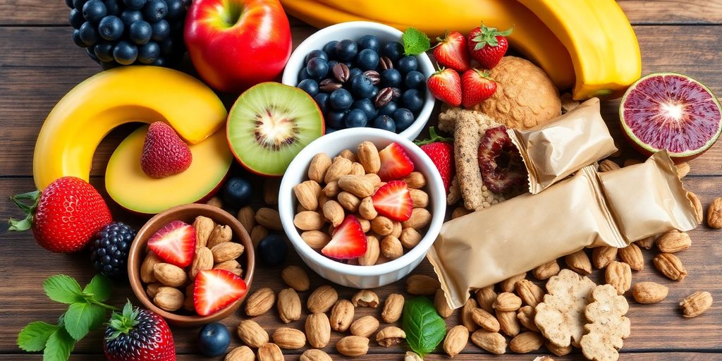 Gesunde Snacks wie Obst, Nüsse und Energieriegel