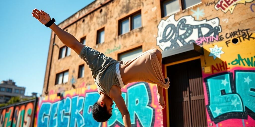 Athlet macht einen Handstand vor einer urbanen Kulisse.